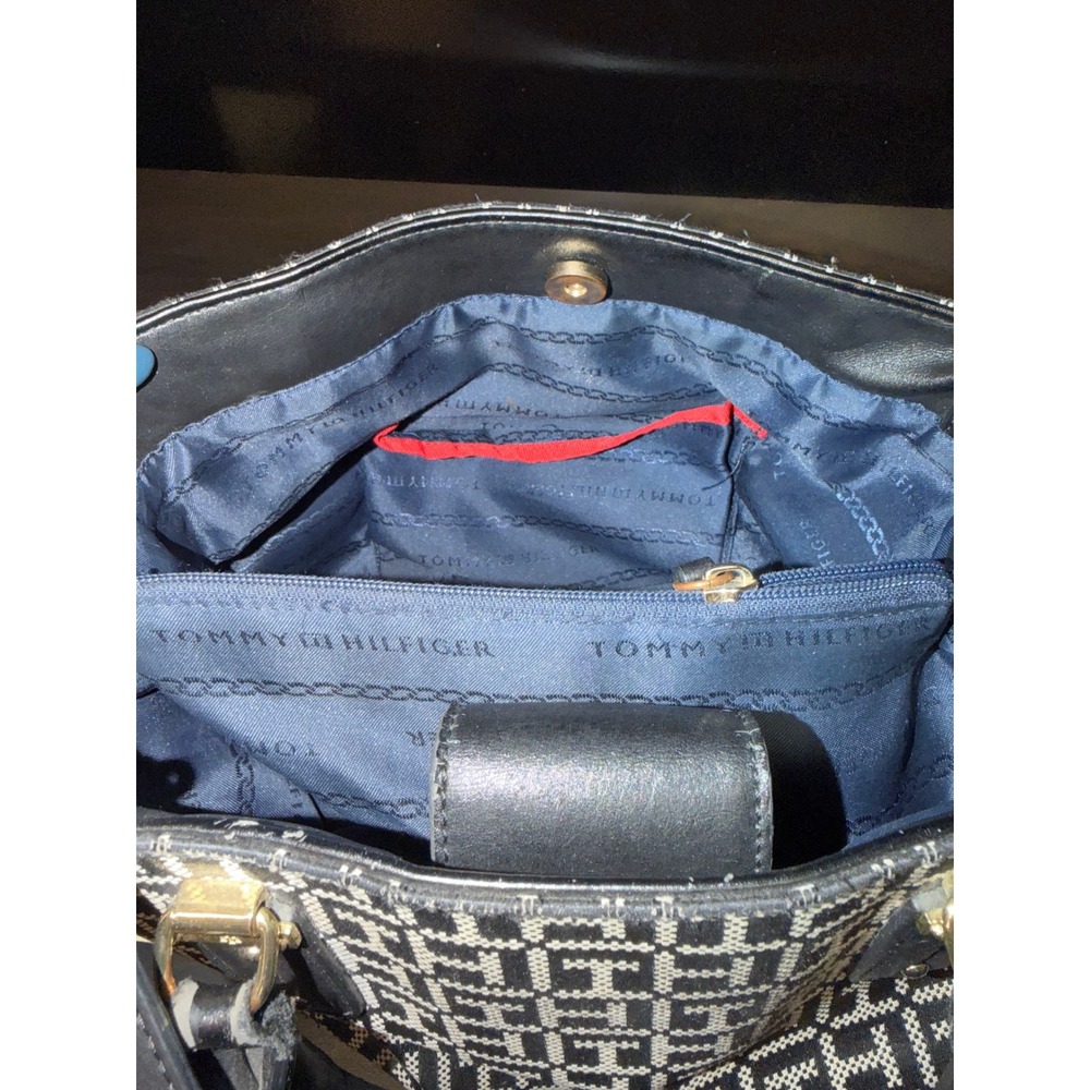 Tommy Hilfiger Tote Bag Black White Monogram Canvas Leather Straps - Picture 9 of 14